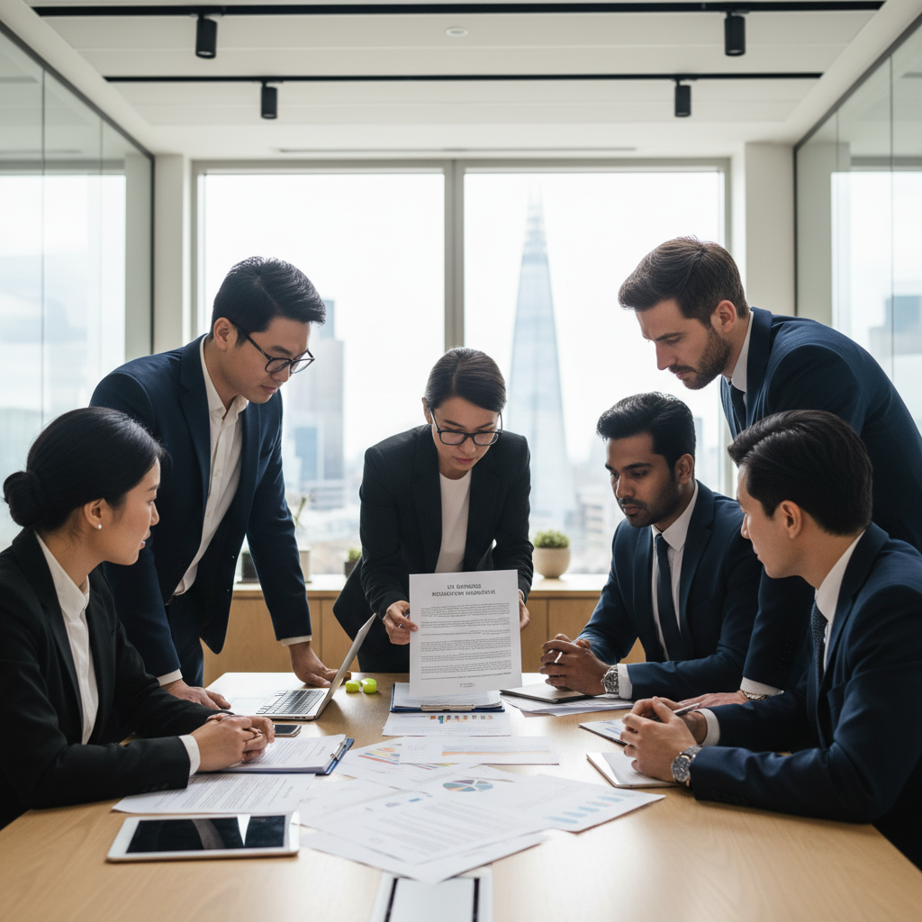 A diverse group of international business professionals in a modern office setting, discussing legal documents and UK business regulations with a legal advisor. The scene is bright and professional, showing collaboration and focus on the paperwork.