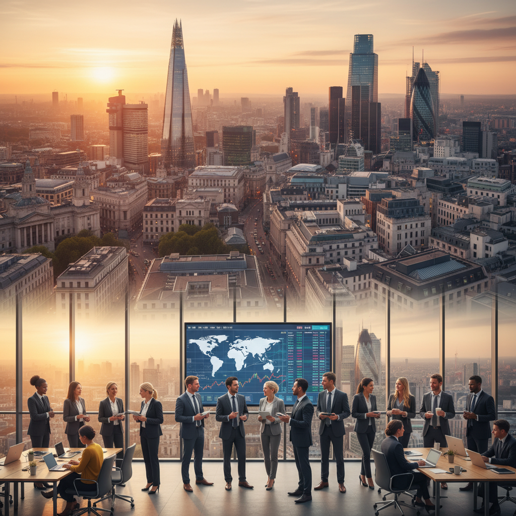 A vibrant, dynamic aerial view of London's financial district at dawn, showcasing a blend of historic architecture and modern skyscrapers like The Shard and Canary Wharf. The city lights are still twinkling, and a soft golden light illuminates the scene, symbolizing economic activity and investment opportunities. Below, a diverse group of business professionals are seen interacting in a modern open-plan office, highlighting collaboration and global reach.