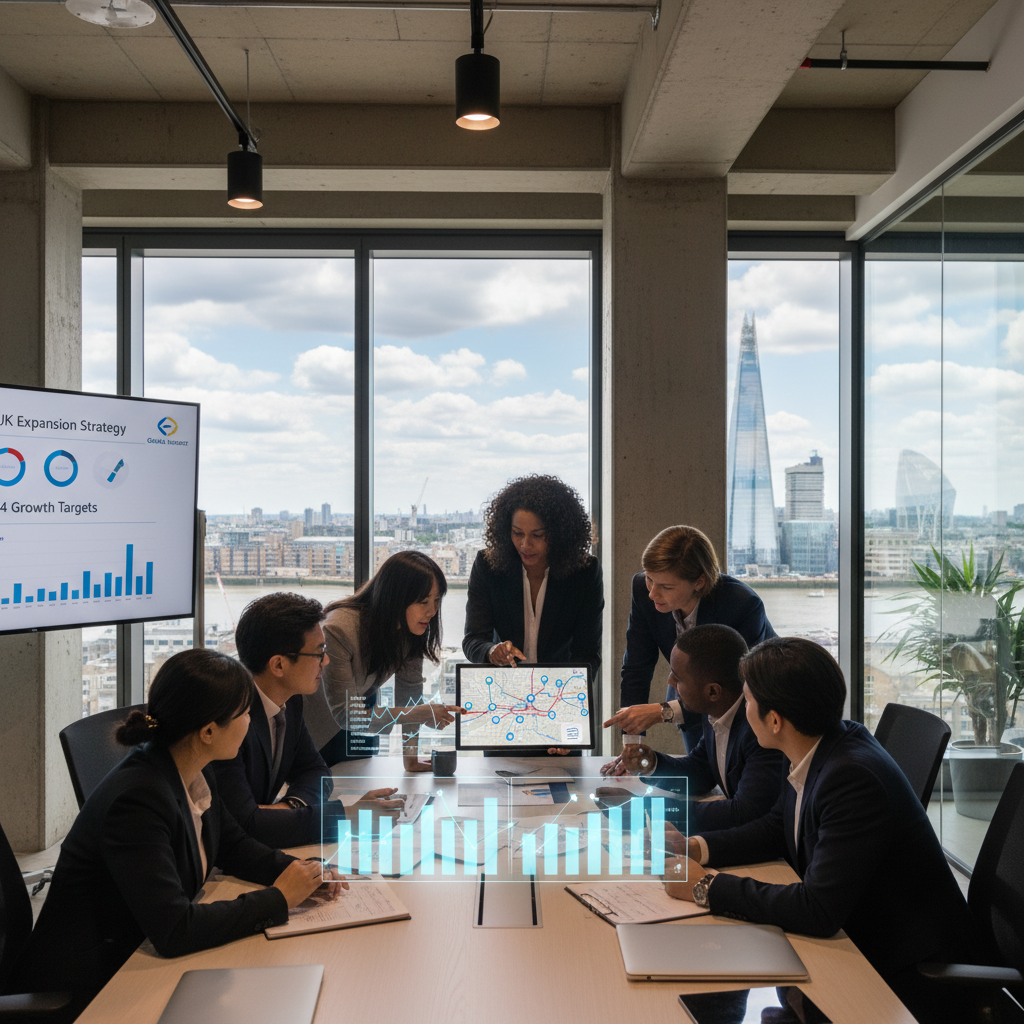 A professional diverse business team collaborating in a modern office space in London, looking at a digital tablet with a map of the UK and business growth charts, illustrating strategic planning for a business relocation.