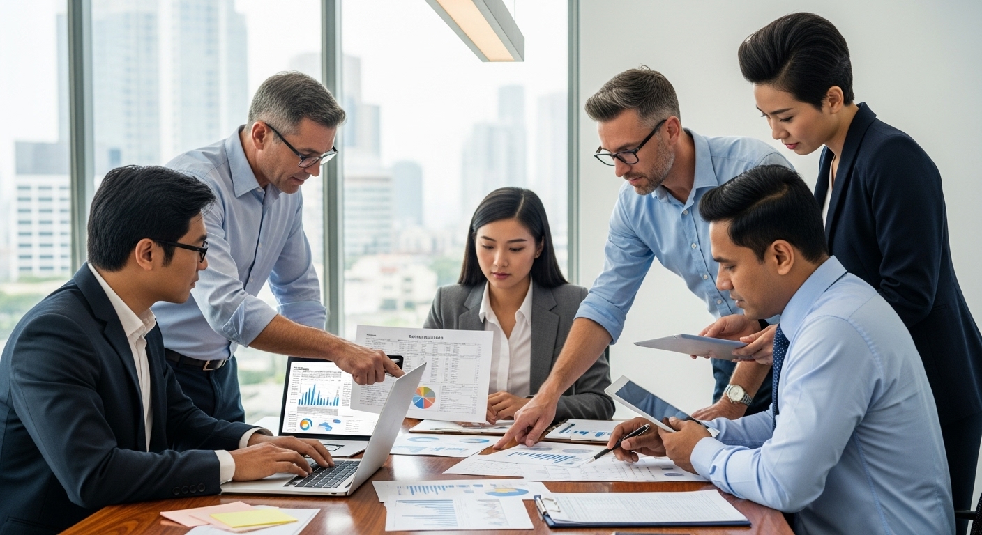 A diverse group of business professionals, some appearing to be expats, discussing financial documents and tax forms around a modern conference table in a well-lit, professional office setting. They look focused and engaged, possibly using a laptop or tablet for reference.