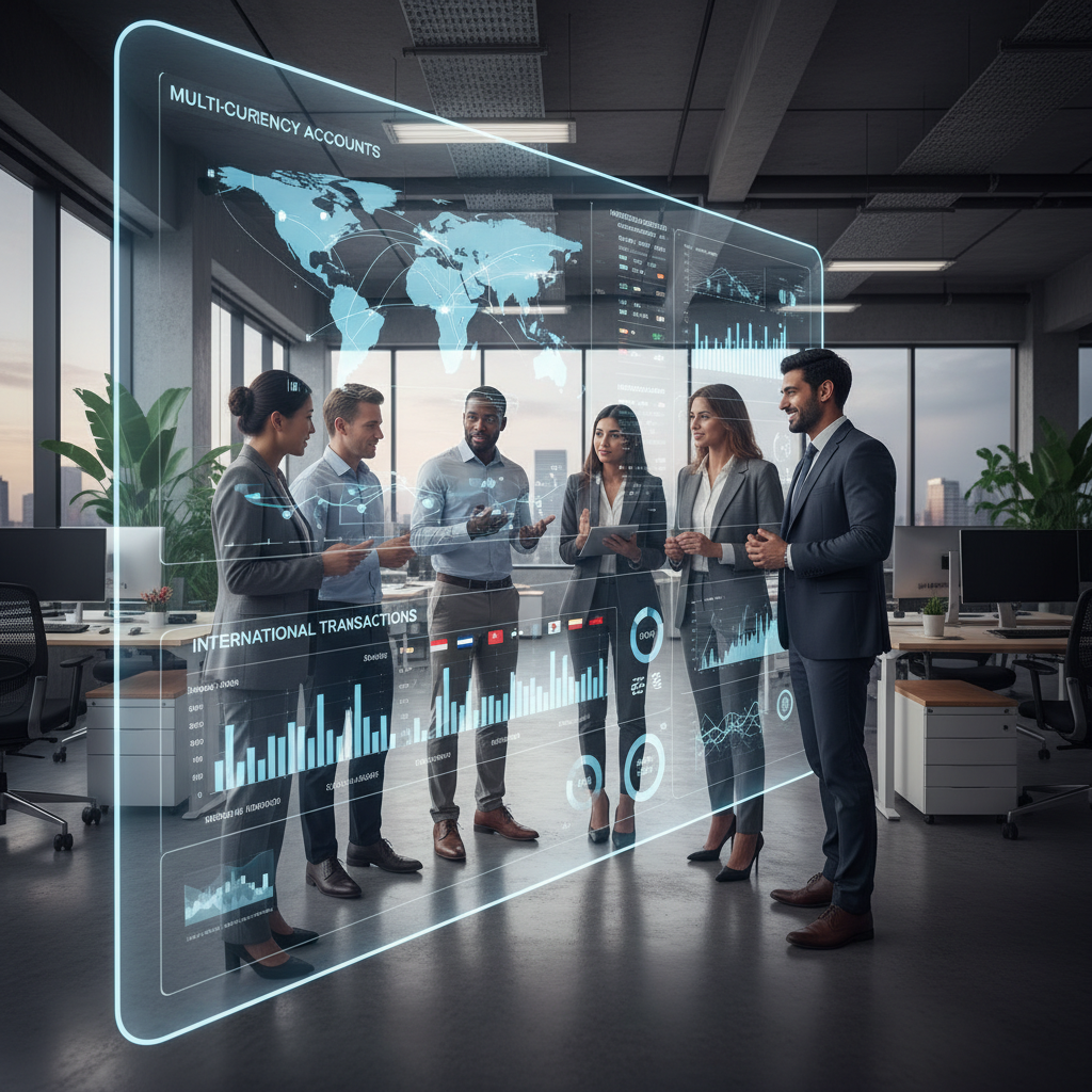 A diverse group of international business professionals in a modern, collaborative office space, looking at a digital dashboard displaying multi-currency accounts and international transaction data. The scene should convey efficiency and global reach.