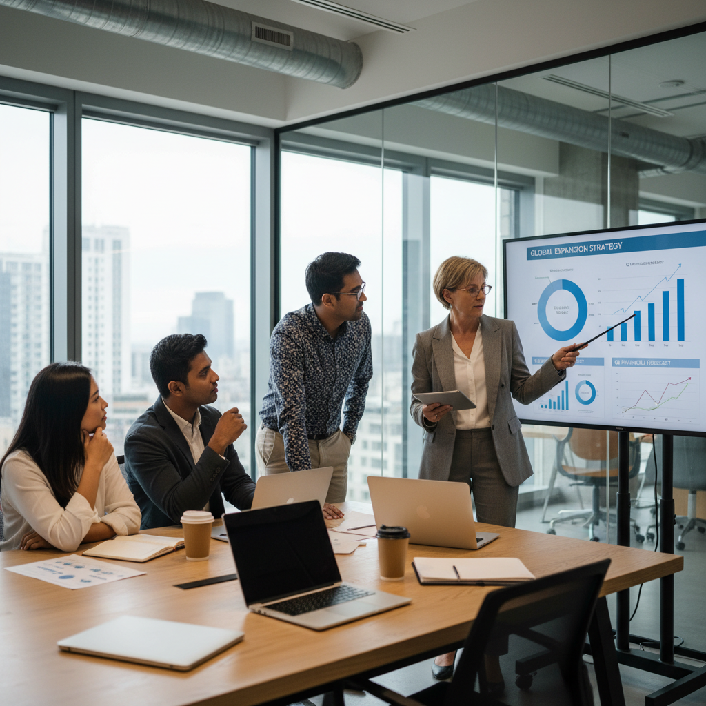 A diverse group of expat entrepreneurs in a modern, professional UK office setting, discussing business plans with a knowledgeable consultant. The consultant is pointing to charts on a screen, illustrating financial projections and market strategies. The atmosphere is collaborative and professional, with a focus on problem-solving and growth.