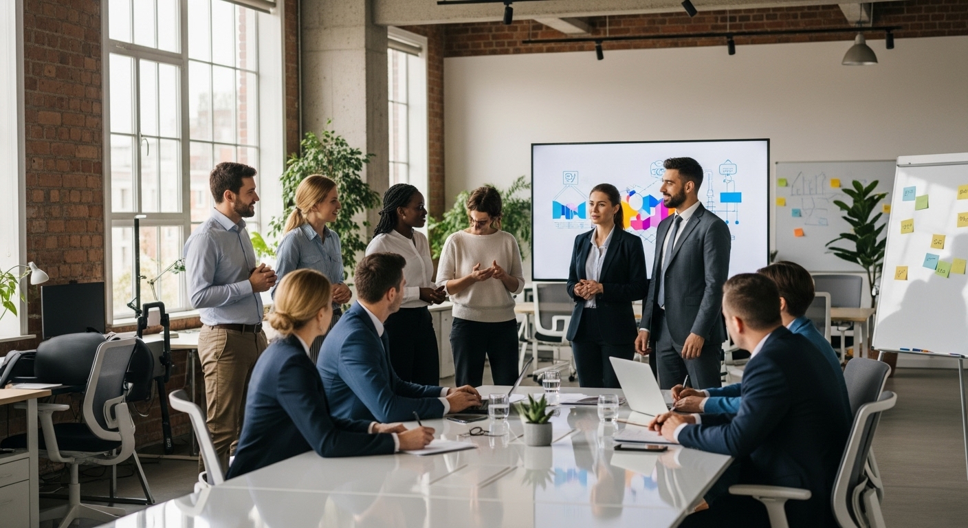 A diverse group of entrepreneurs in a modern, collaborative workspace, presenting innovative business ideas to a panel of professional judges, depicting the endorsement process. The image should be photorealistic and professionally lit.