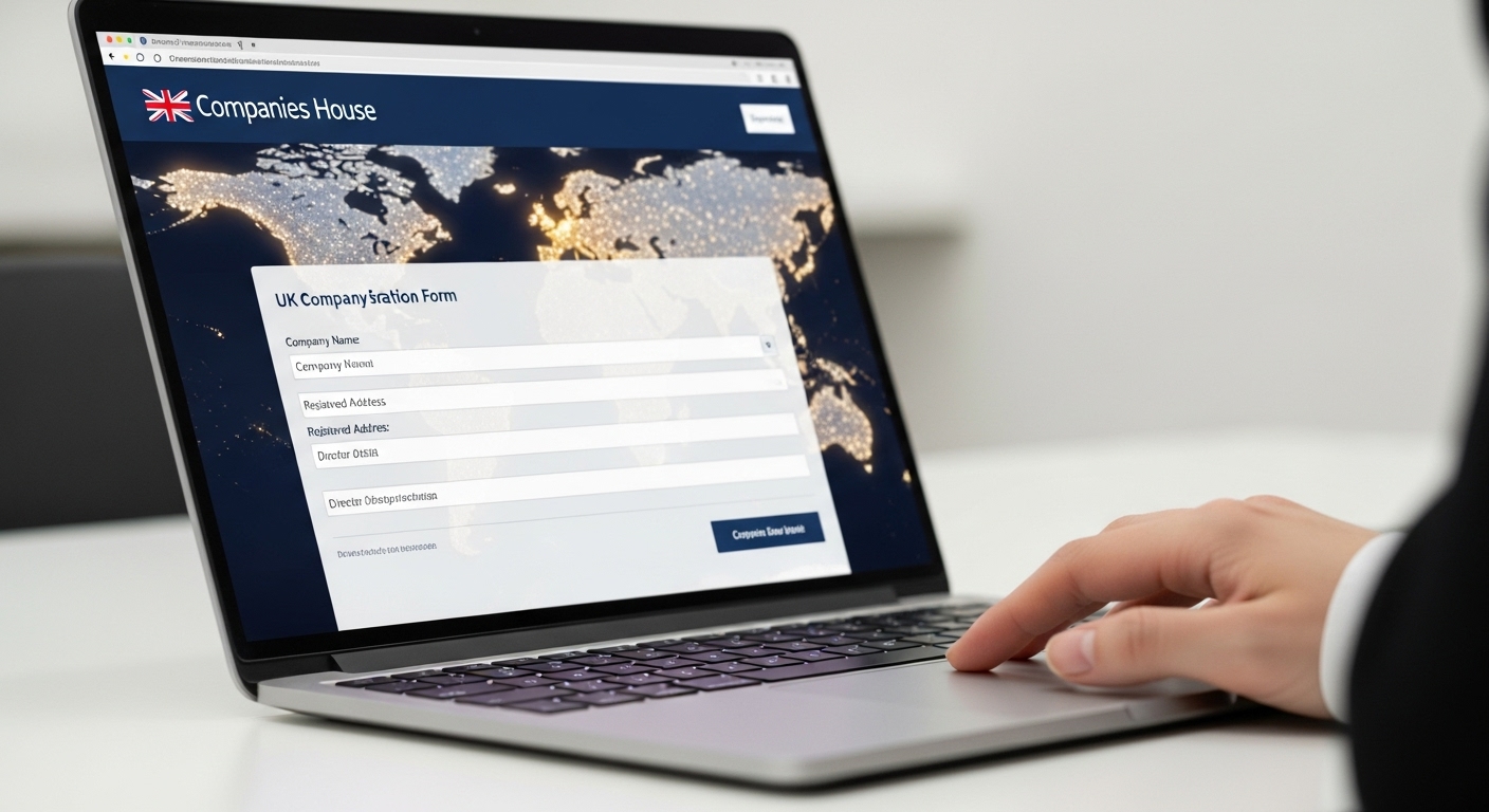 A professional, photorealistic image of a laptop screen displaying a UK company registration form, with a world map blurred in the background, symbolizing global reach and easy online setup for non-residents.