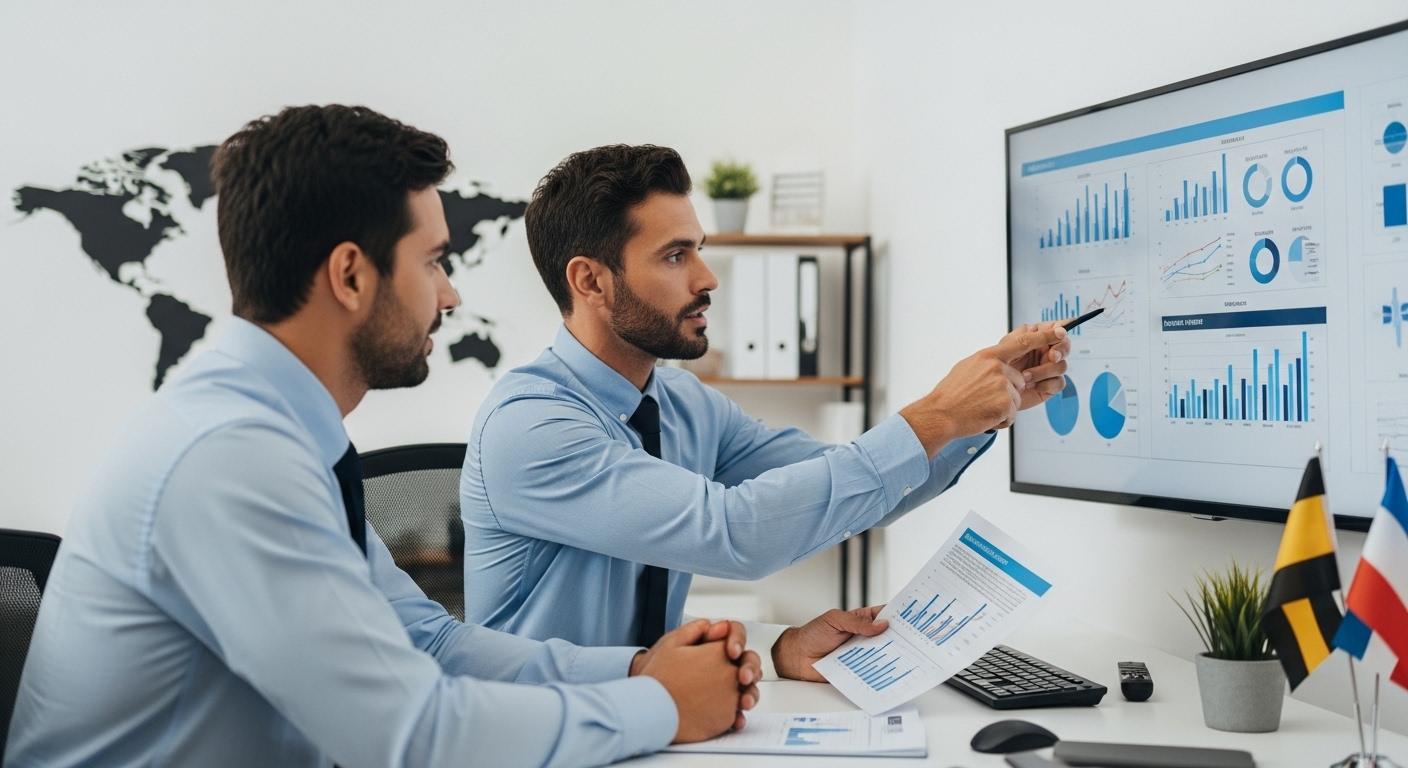 A professional expat financial advisor in a modern, well-lit office, reviewing financial documents and charts on a large screen with a client, who is a business owner. The advisor is pointing to key data points, and both individuals are engaged in a serious discussion about business finances and investment strategies. The office has subtle elements that suggest a global context, such as a world map or small international flags, in a photorealistic style.