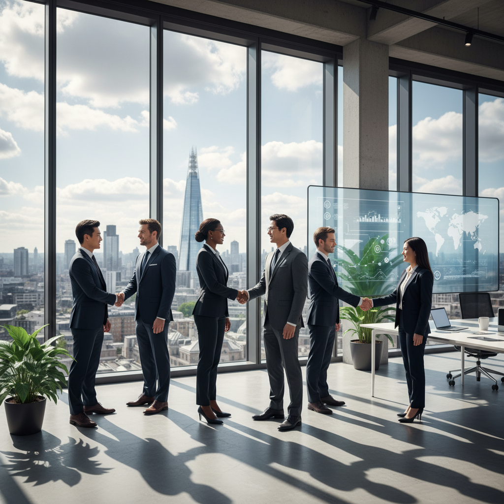A diverse group of international business professionals shaking hands in a modern, light-filled office overlooking the London skyline. The scene should convey success, collaboration, and global reach, with a focus on a professional, photorealistic aesthetic.