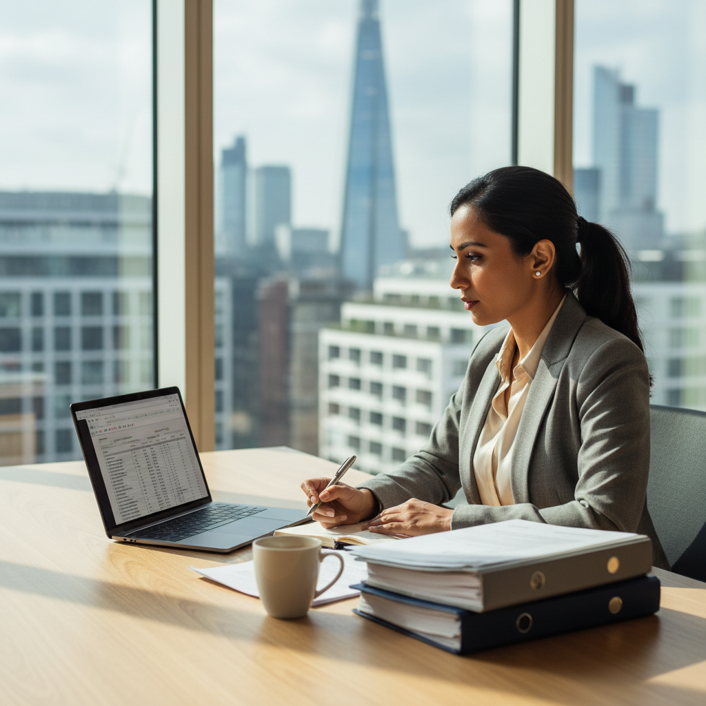 A professional expat business owner, perhaps a woman in her 30s of South Asian descent, sitting at a modern desk in a bright, open-plan office in London, reviewing documents on a laptop and holding a pen. There are subtle city skyline elements in the blurred background. She looks focused and determined, surrounded by legal documents and a cup of coffee. The lighting is natural and inviting, conveying a sense of success and clarity.