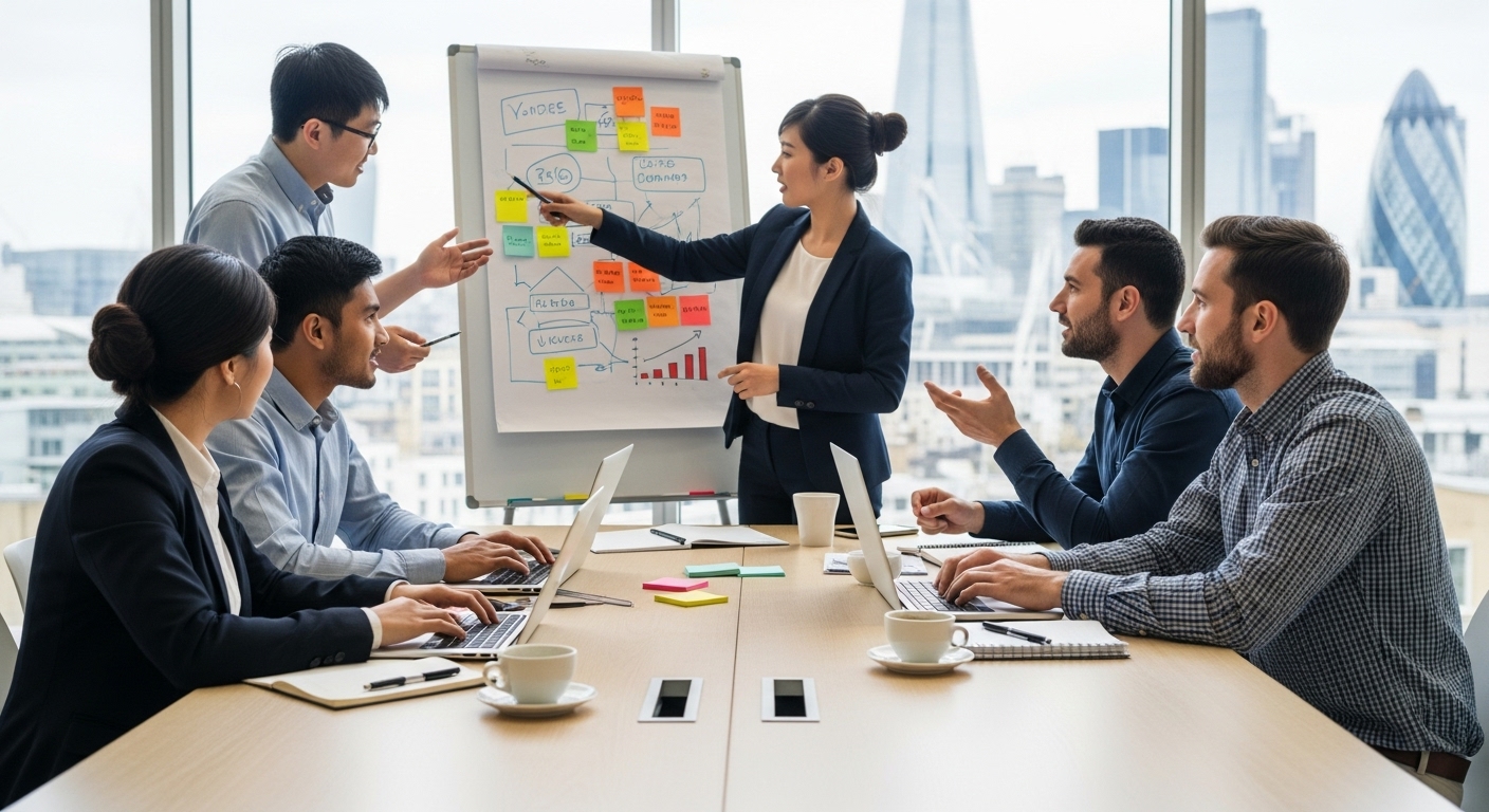 A diverse group of entrepreneurs in a modern, light-filled co-working space in London, brainstorming ideas around a large table with laptops and whiteboards. The focus is on collaboration and innovation, with a blurred cityscape of London in the background, conveying a sense of opportunity. The lighting is bright and professional, showing a dynamic startup environment.