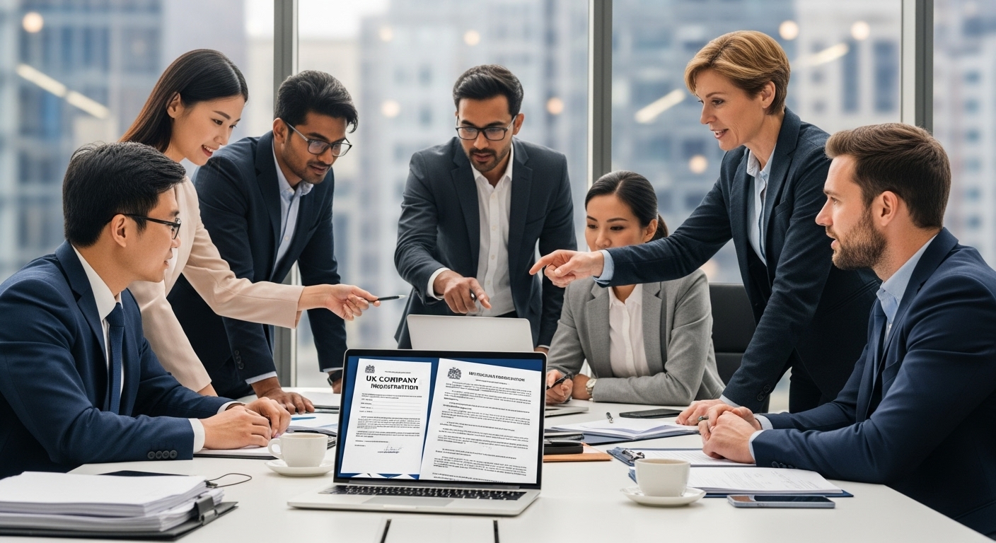 A diverse group of international business professionals in a modern, well-lit office collaborating around a table, looking at a laptop displaying UK company registration forms and documents. The atmosphere is professional and collaborative.