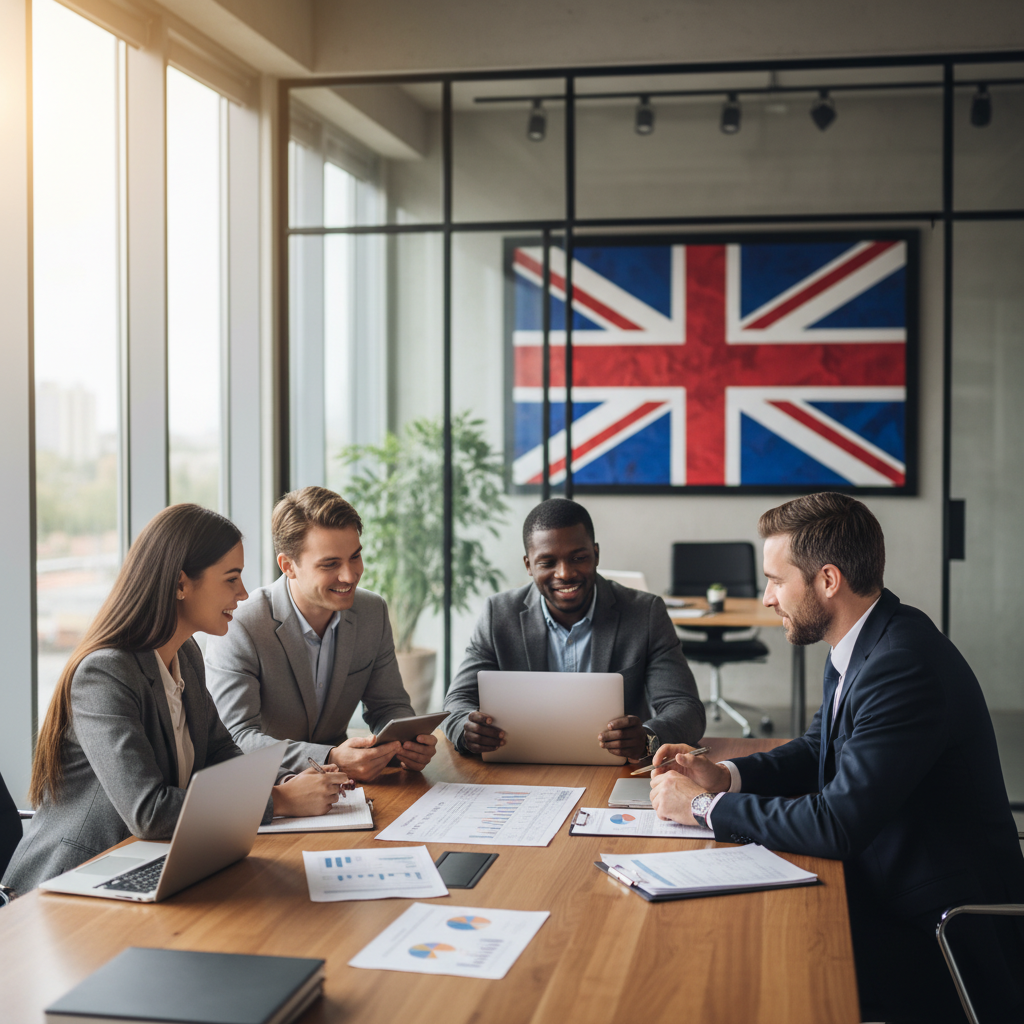 A detailed, photorealistic image of a diverse group of entrepreneurs discussing financial documents with a professional accountant in a modern, well-lit office, with a subtle UK flag element in the background.
